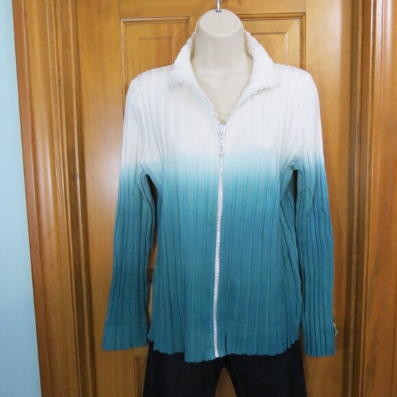 Belldini Ivory to Size Teal Ombre Rhinestone Zipper Jacket Cardigan Knit Large - Picture 3 of 12